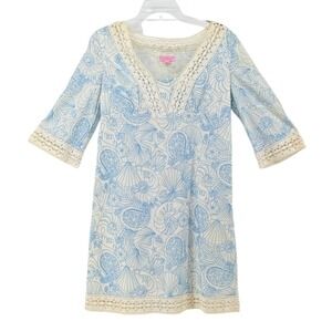 Lilly Pulitzer Blue White Seashell Embroidered Crochet Lace Shift Dress Size 4